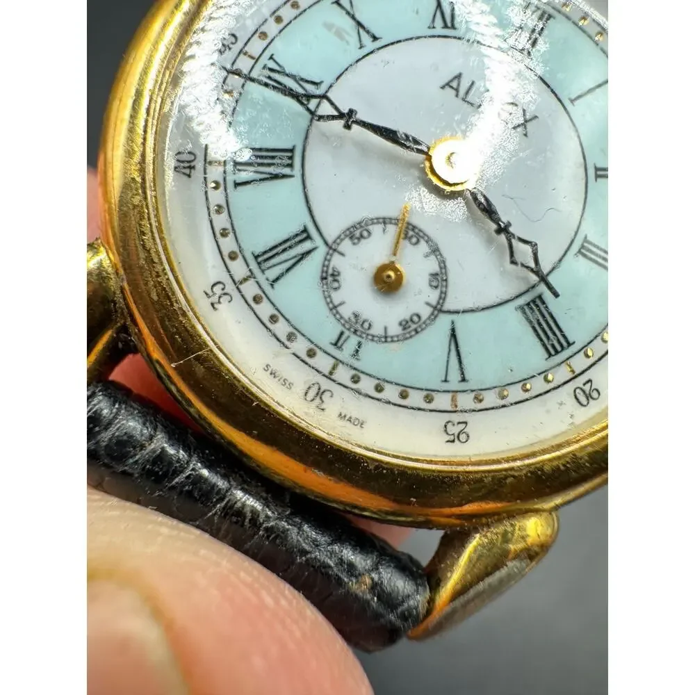 ALFEX Swiss Made Gold Tone Bezel Women's Wristwatch Black Leather Band